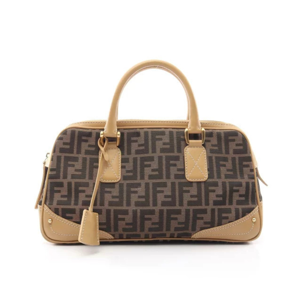 Fendi Zucca Handbag Canvas Leather Beige Cream Black